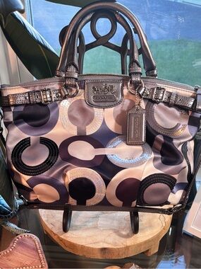 Coach Multicolor Circle Print Tote in Metallic Taupe, Black & Navy
